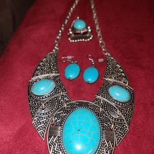 Necklace, earrings, stretch ring turquoise bundle